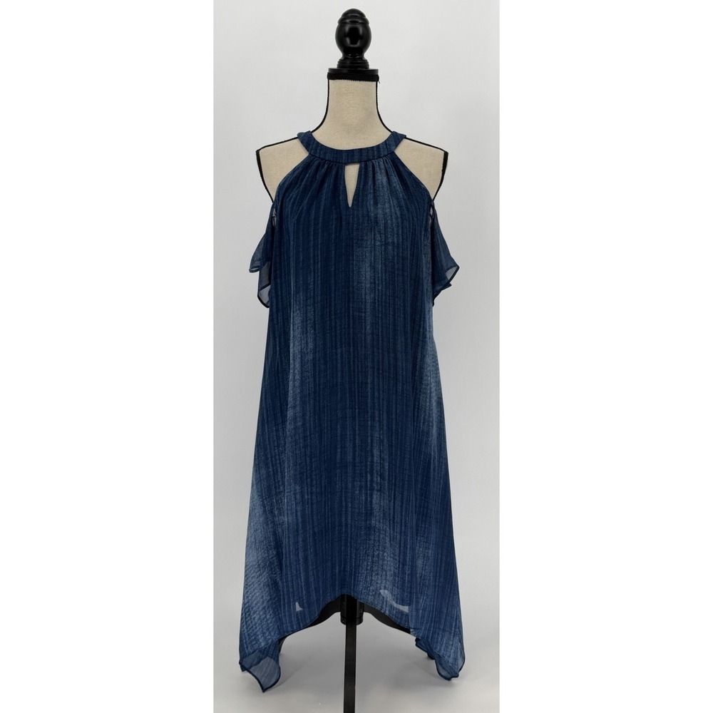 CHICO'S Indigo Blue Cold Shoulder Hanky Hem Midi Halter Dress size 0.5 (Small)